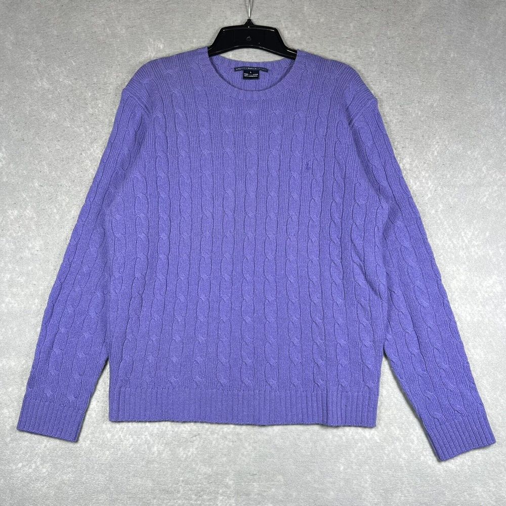 Ralph Lauren Sport Cable Sweater Women’s Large Purple 100% Lambswool Long Sleeve